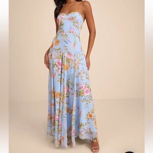 Alandria light blue floral drop waist lulu’s dress